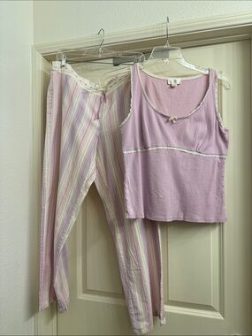 Ann Taylor Loft Sleepwear Lavender Tank & Striped Pajama Pant Set size L
